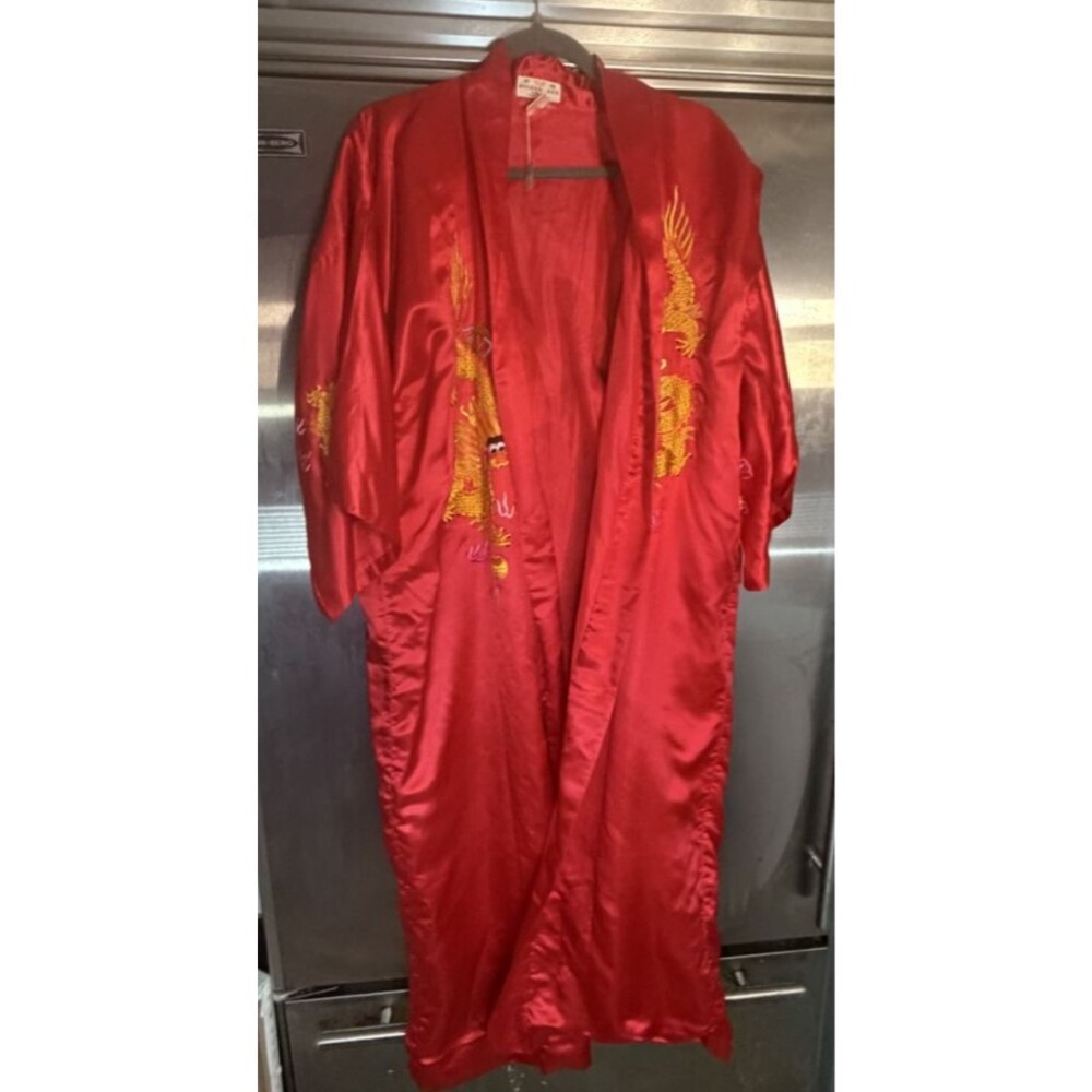 Vintage Golden Bee Chinese Silk Rayon Kimono Robe Unisex Dragon Hand Embroidered